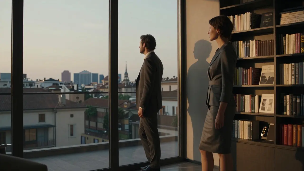 Elegant woman in Brera apartment overlooking Milan&#039;s skyline at dusk, books and art in background.