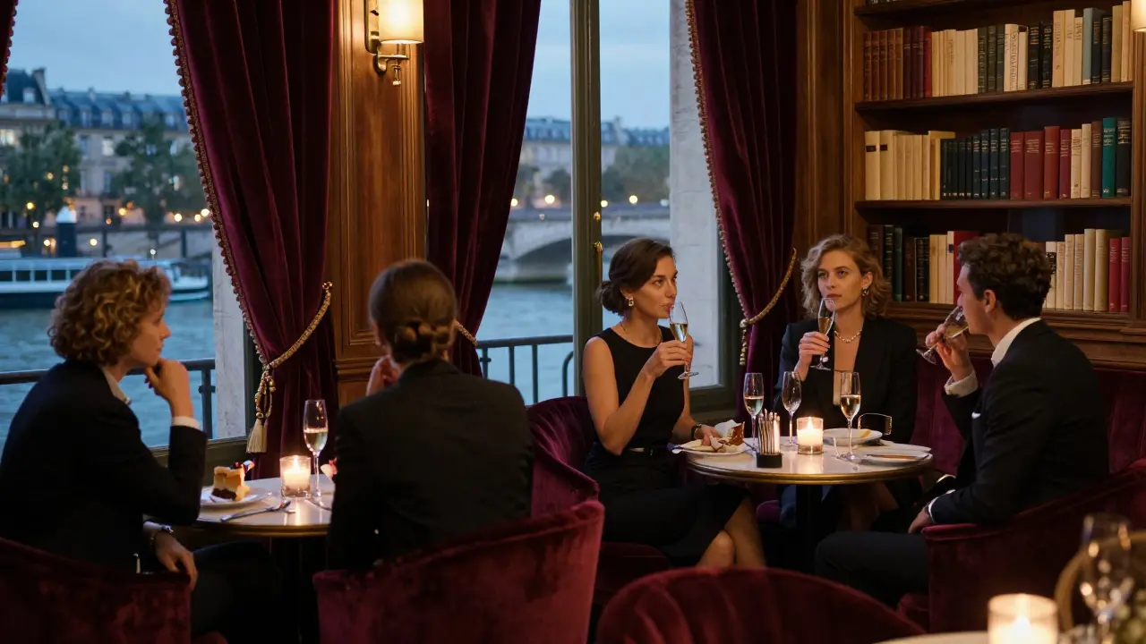 Exclusive Parisian lounge with velvet drapes and bookshelves, guests in quiet conversation under candlelight.