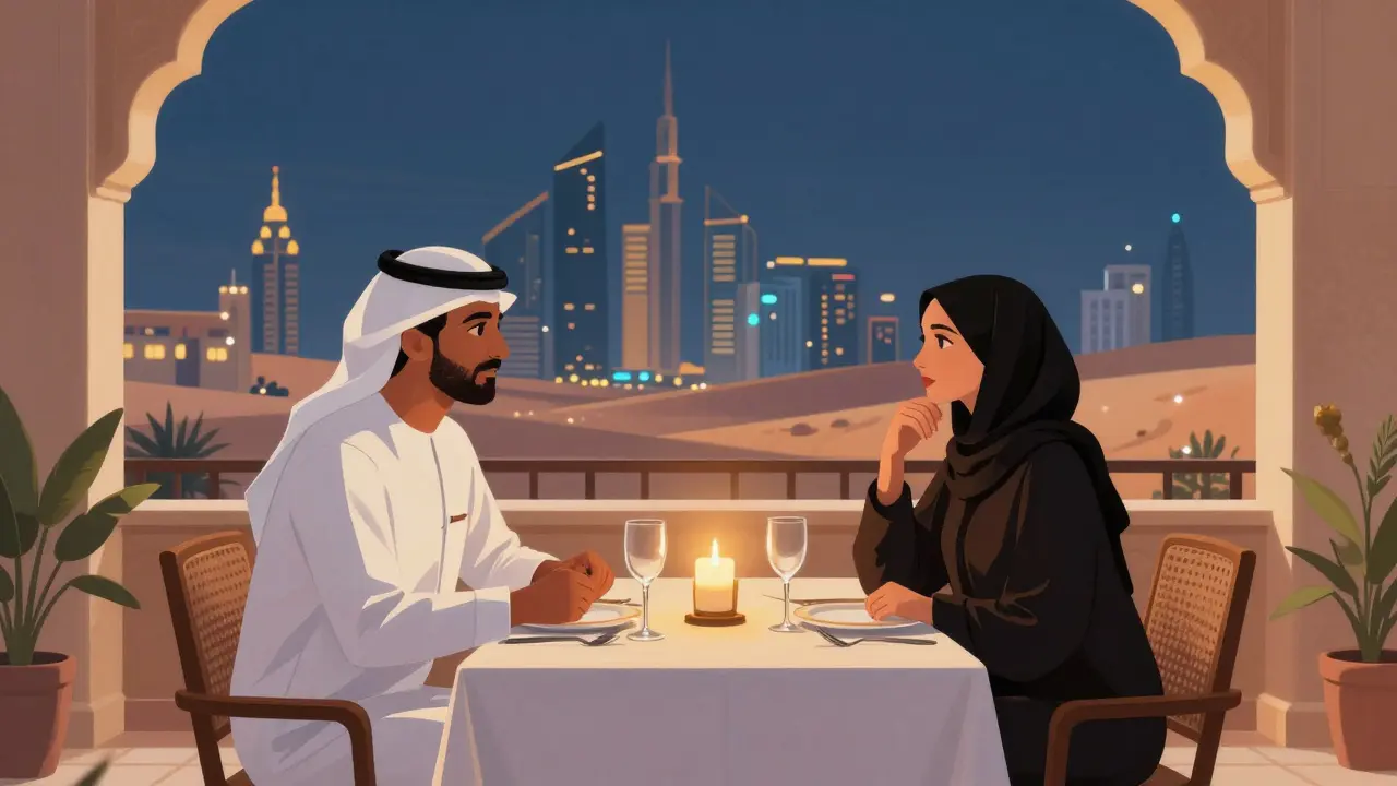 Expatriate and local woman having a thoughtful conversation at a rooftop dinner in Abu Dhabi.