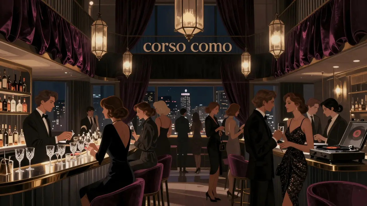 Glamorous Corso Como 10 venue with velvet drapes and stylish crowd mingling under hanging lanterns.