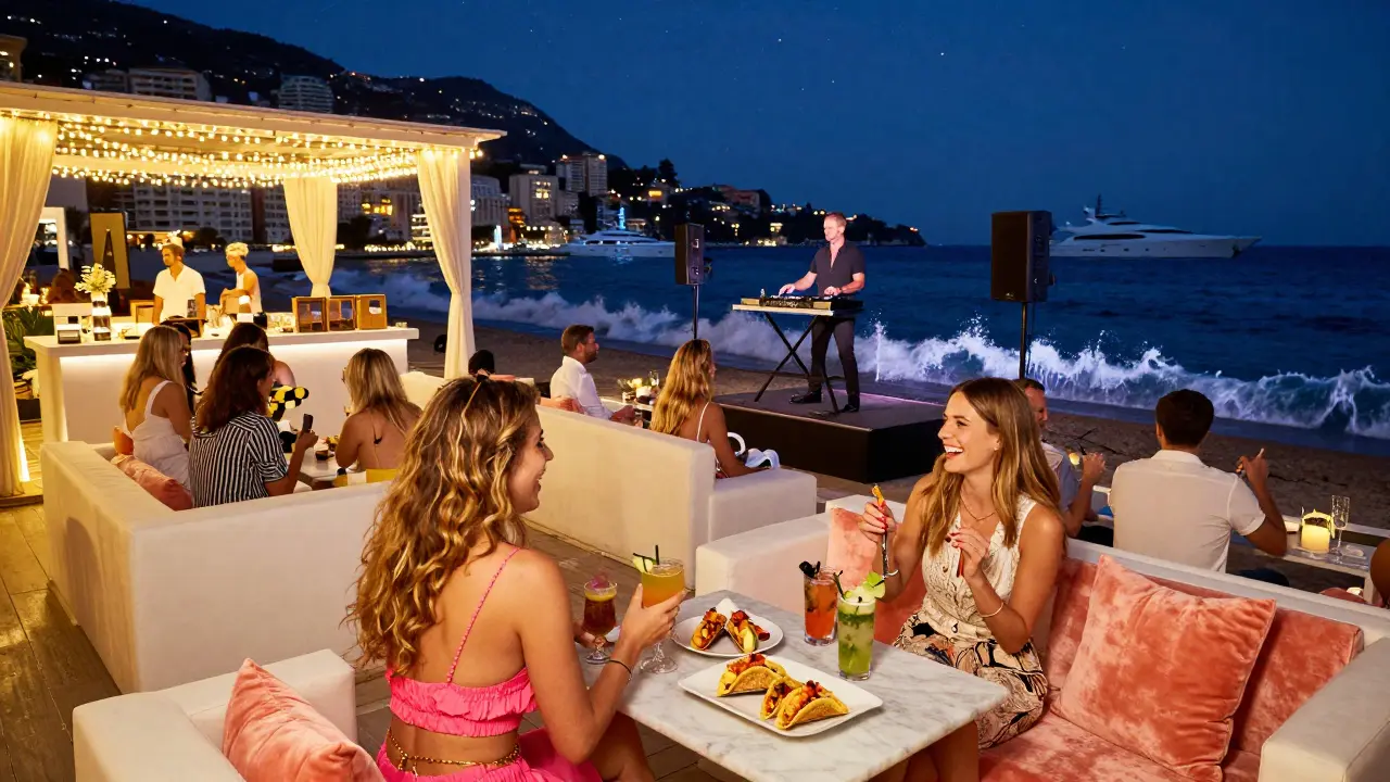 Glamorous Nikki Beach Monaco party at night with ocean backdrop, DJs, and guests in fashionable attire.