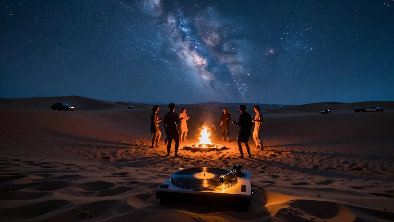 Group dancing around a fire pit at a secret desert rave under a vast starry sky in the Dubai dunes.