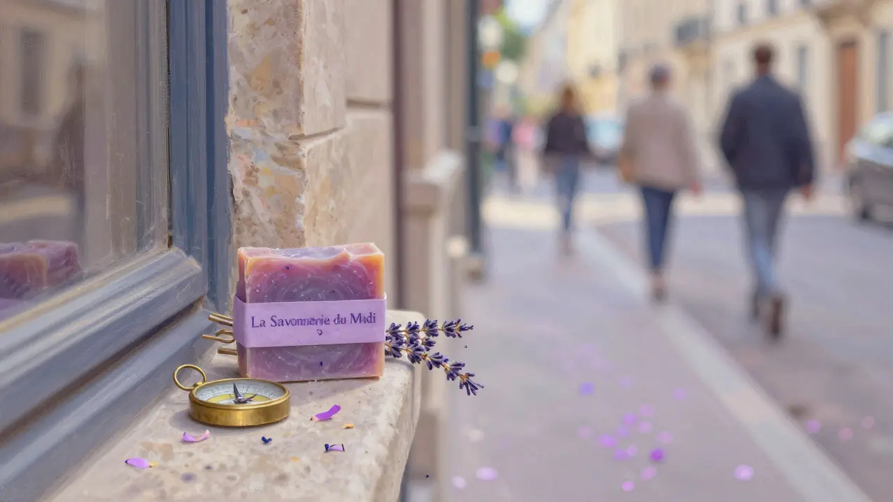 Handmade soap and a brass compass on a stone windowsill with rose petals nearby in a Parisian neighborhood.