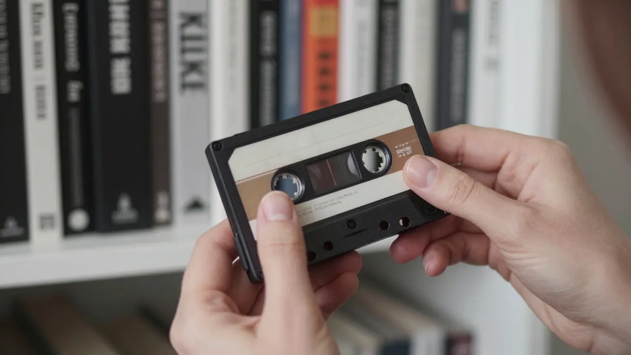 Hands holding a vintage cassette tape beside books by Kafka and Rilke, no face visible.