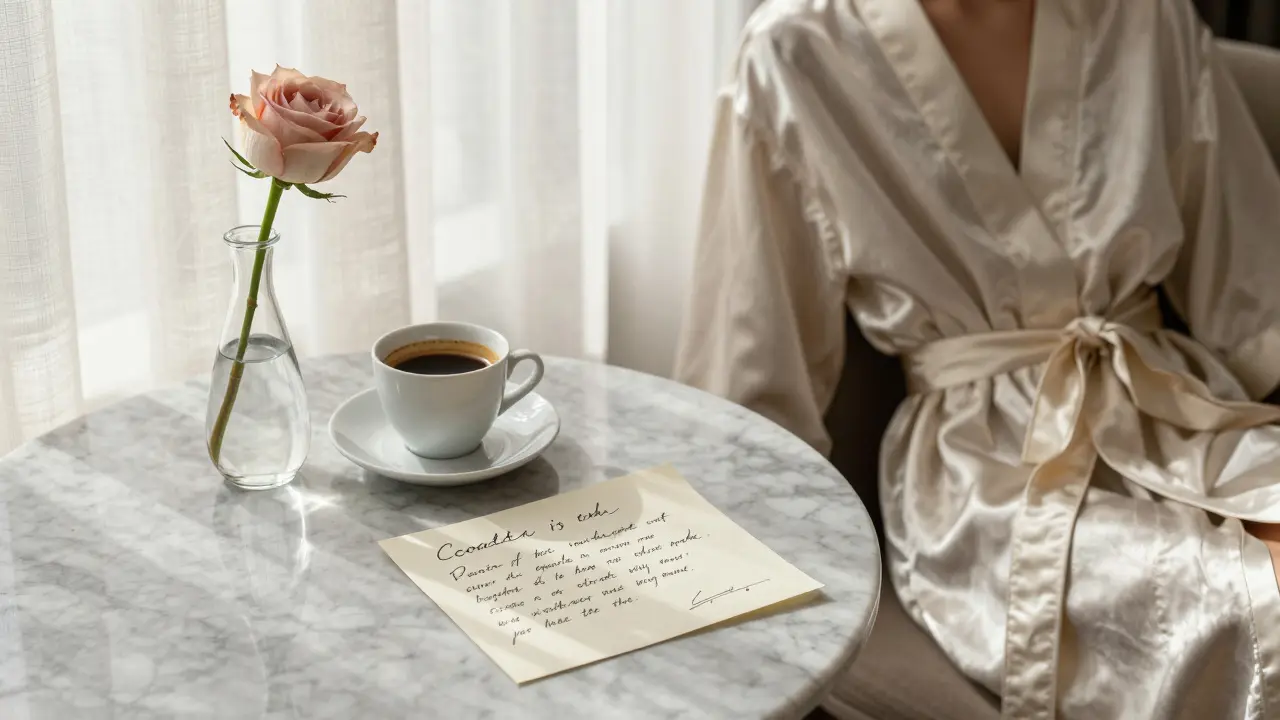 Handwritten note and rose beside espresso cup on hotel suite table, morning light streaming in.