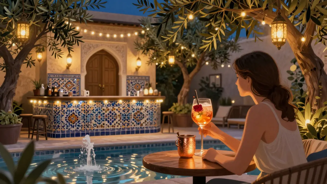 Hidden garden bar with lantern-lit olive trees, shimmering tiles, and a glowing gin tonic in a copper cup.