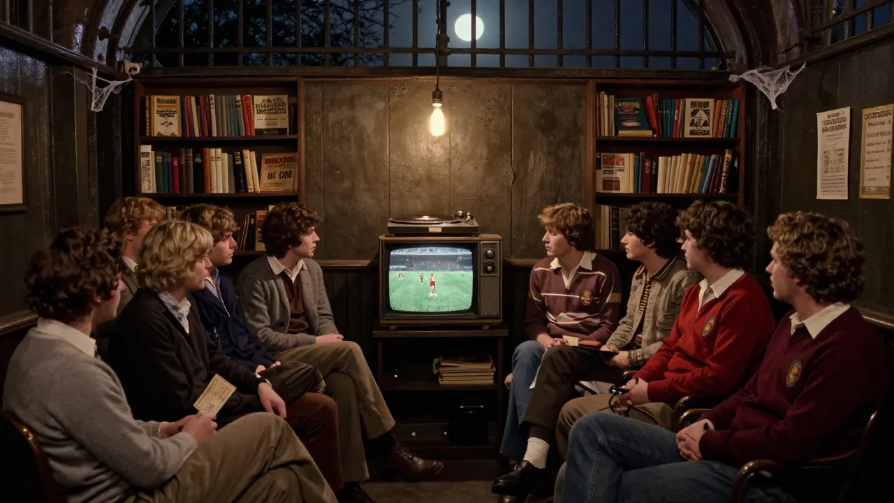 Hidden pub The Last Whistle showing a 1970s football match, quiet fans in vintage gear, vinyl record player, dim lighting.