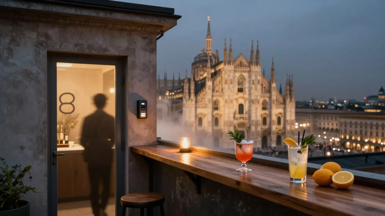 Hidden rooftop bar entrance in Milan with city skyline glowing behind a lone figure at night.