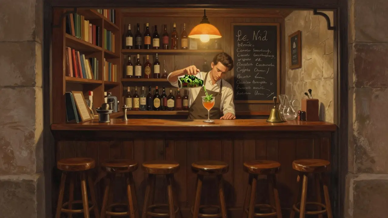 Hidden speakeasy bar with a bartender pouring herbal cocktails in a dim, wooden room behind a bakery.