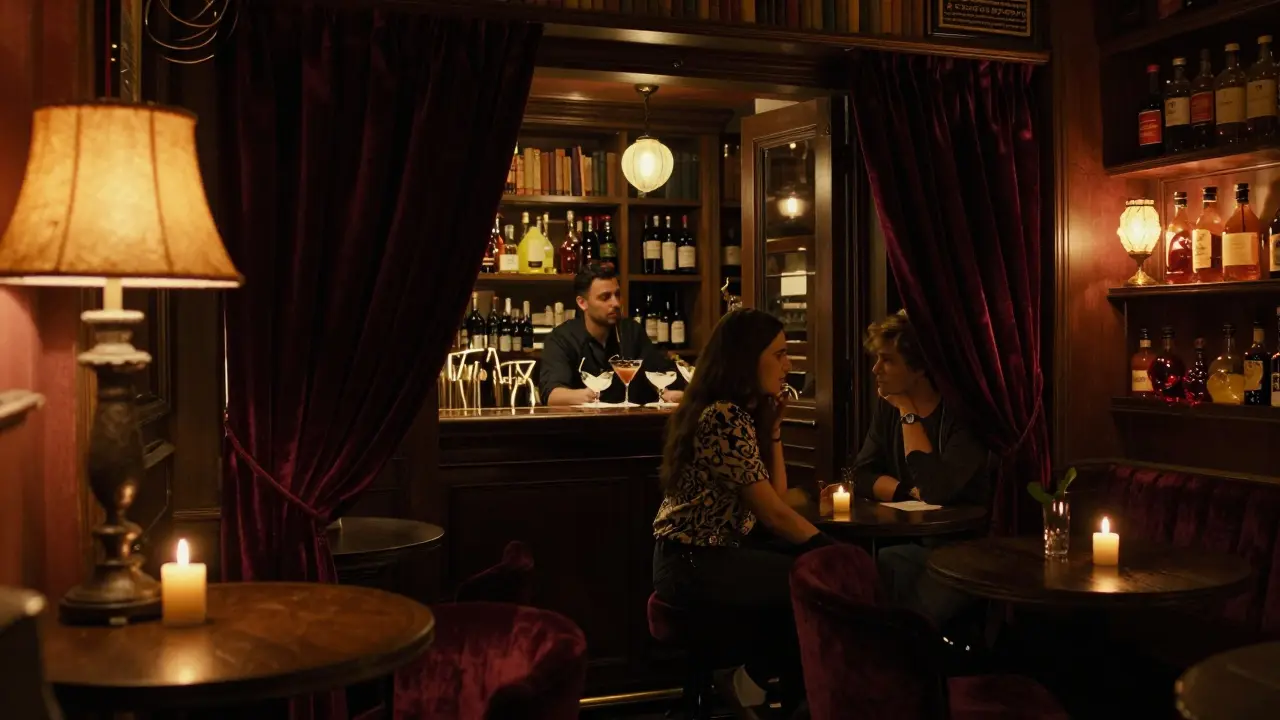 Hidden speakeasy bar with velvet curtains and artisanal cocktails in dim light.