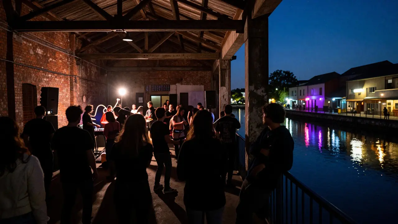 Industrial warehouse club at Naviglio Grande with dancers under strobing lights and canal reflections.
