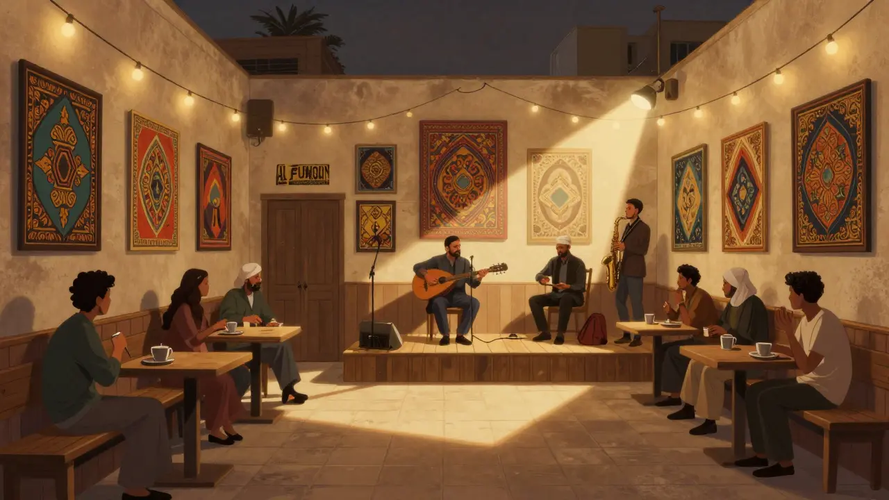 Intimate jazz venue with Middle Eastern art and musicians playing oud and saxophone in soft light.