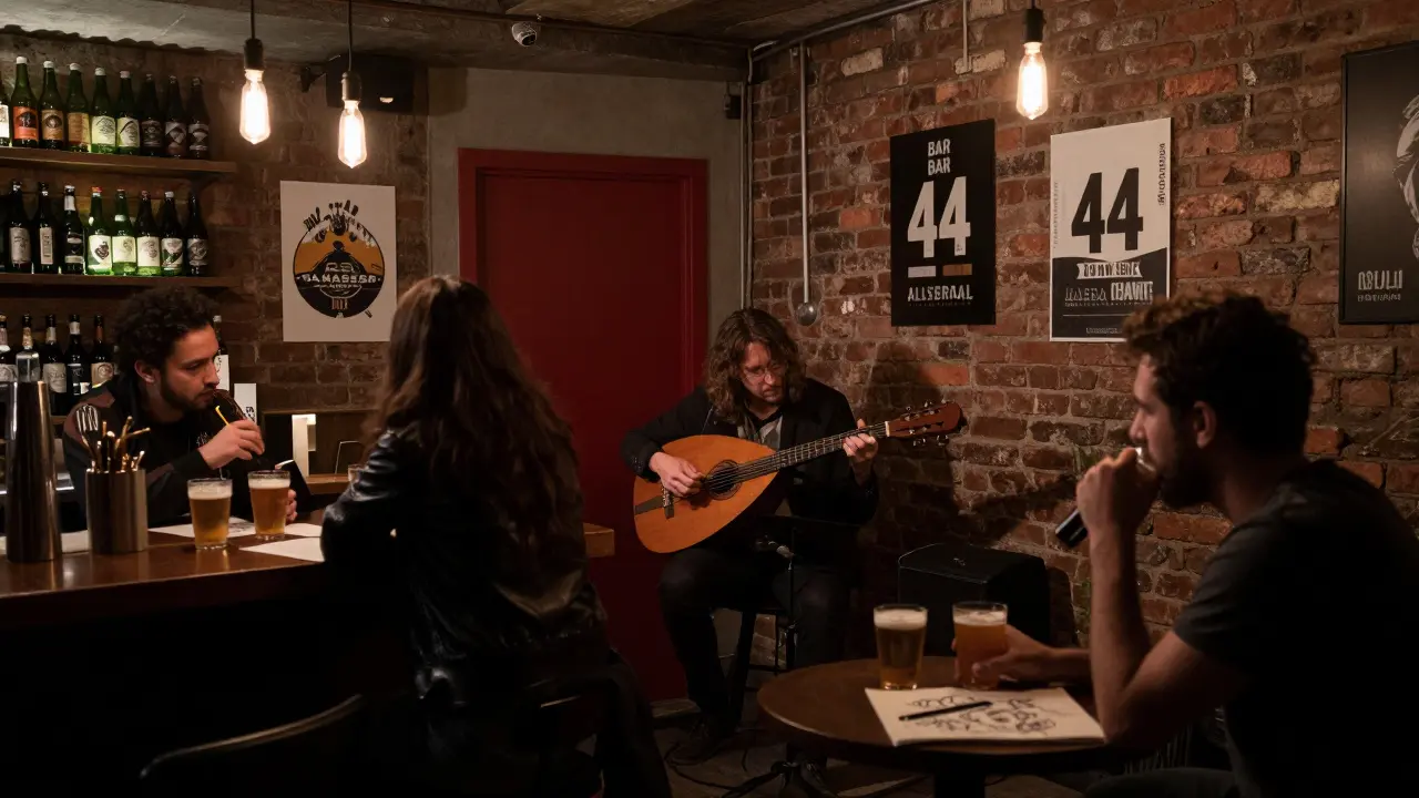 Intimate underground bar in Alserkal Avenue with musicians playing oud and patrons chatting in low light.