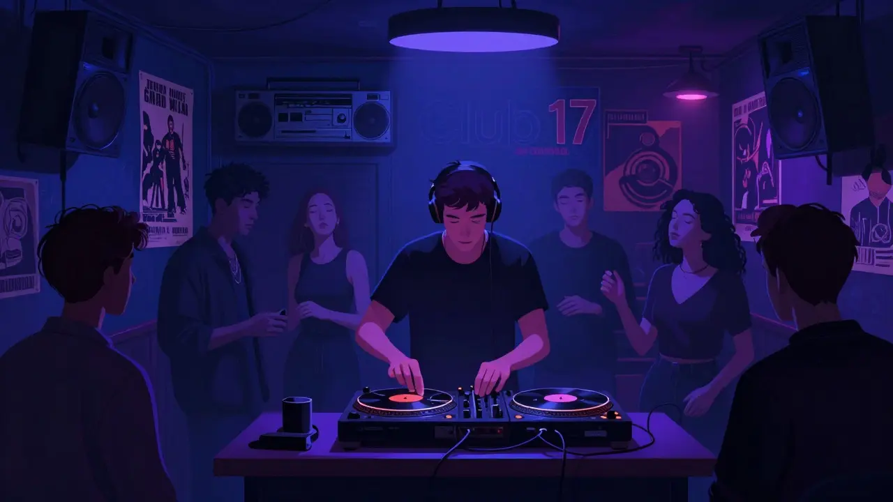 Intimate underground club with dim neon lights and people dancing to vintage electronic music.