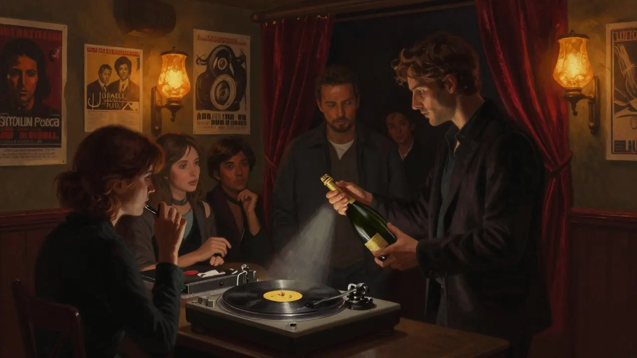 Intimate underground club with vinyl records, champagne being passed, and vintage lighting.