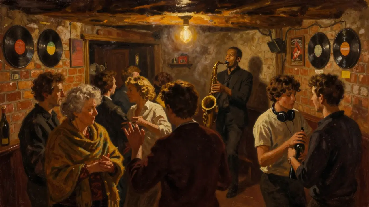 Jazz musicians and patrons dancing in a dim, smoky underground cellar