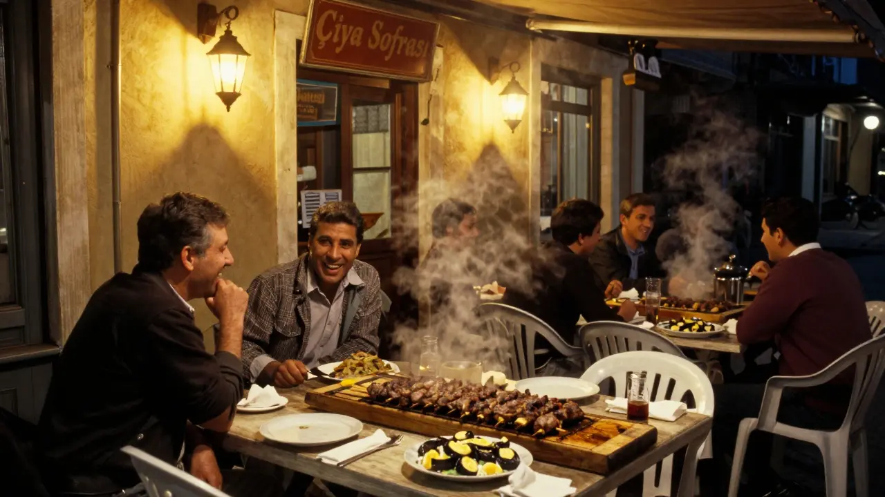 Late-night eatery in Kadıköy serving kebabs and eggplant salad under warm lantern light, locals dining casually.