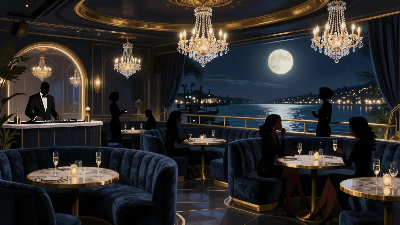 Luxurious nightclub interior with moonlit ambiance, guests sipping champagne near a DJ and harbor view.