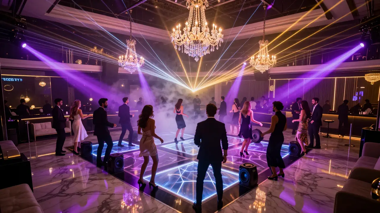 Luxury nightclub with crystal chandeliers and energetic crowd dancing under laser lights.