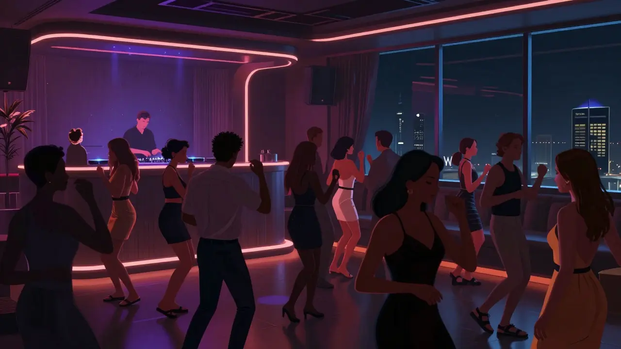 Modern nightclub with synchronized lights and stylish crowd dancing in smart casual attire.