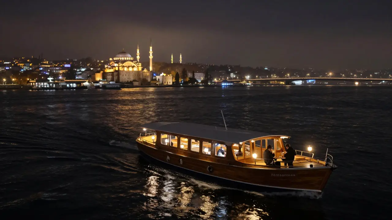 Night cruise on the Bosphorus with illuminated mosques and reflective water.
