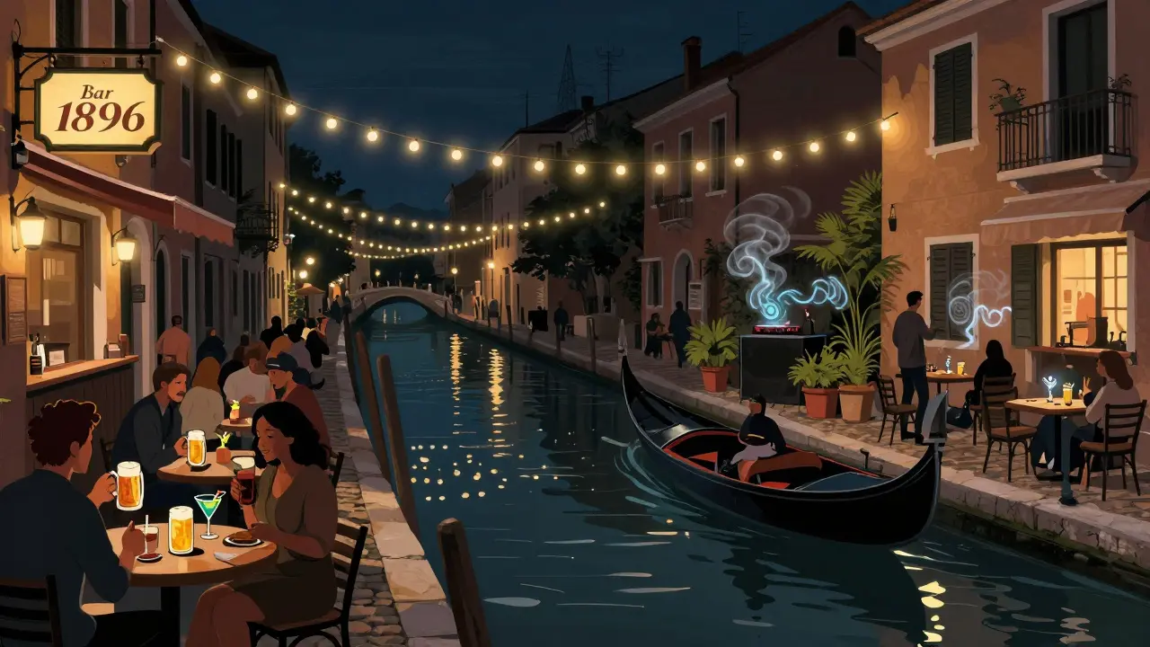 Nighttime scene along Navigli canal with string lights, outdoor bars, and people socializing by the water.