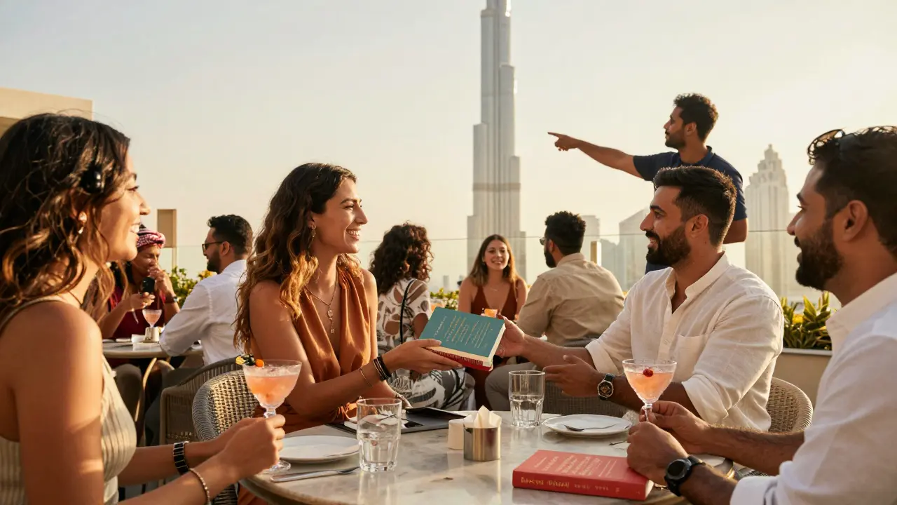 People socialize at a luxurious Dubai rooftop lounge at sunset, sharing conversation and laughter in a vibrant expat gathering.