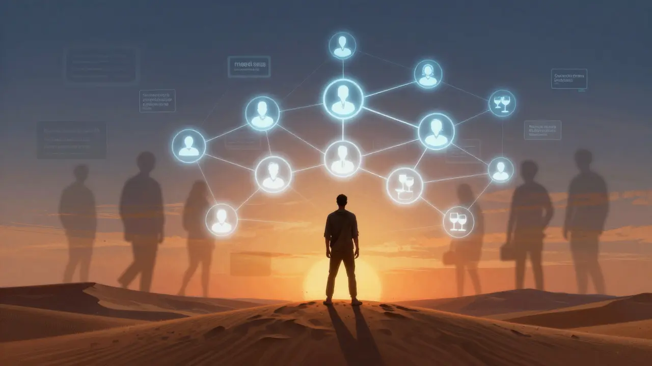 Person surrounded by positive social alternatives like meetups and concierge services, while risky online ads fade away.