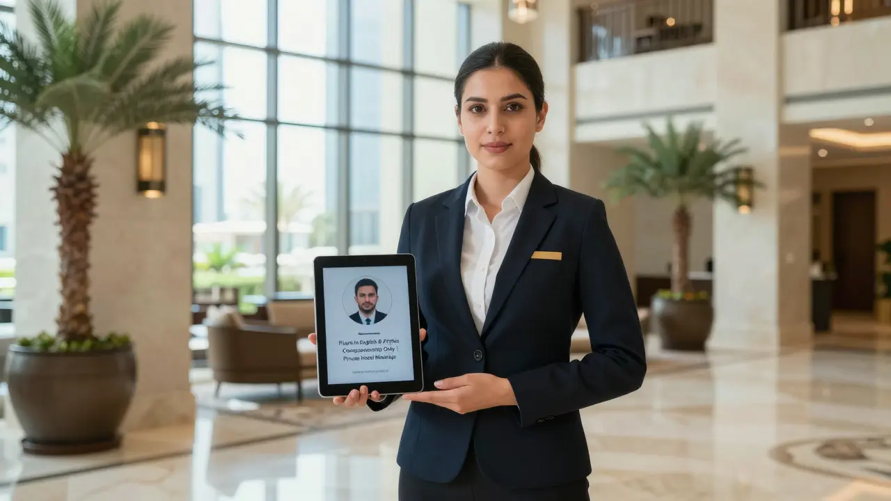 Professional escort in elegant attire standing in a luxury hotel lobby with clear service details on a tablet.