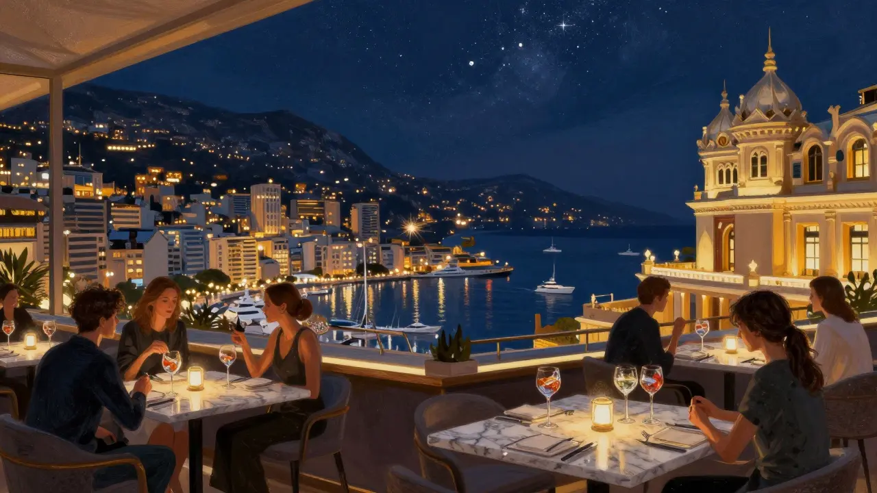 Rooftop bar at night with panoramic harbor views, guests sipping drinks under starry skies.