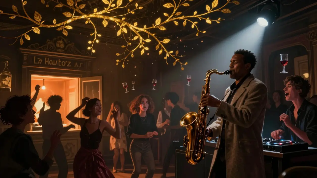 Saxophonist improvising as electronic sounds bloom as golden vines overhead, blending jazz and electro in a dreamlike Paris night.