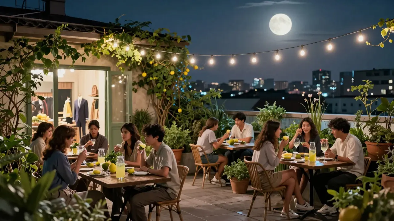 Secret rooftop garden at night with string lights and people sipping drinks under the Milan skyline.