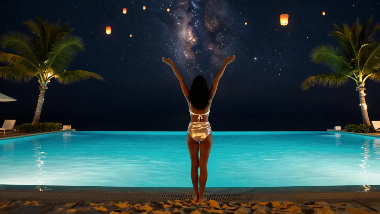 Silhouette at an infinity pool under floating lanterns and LED palm trees, glowing turquoise water reflecting the night sky.