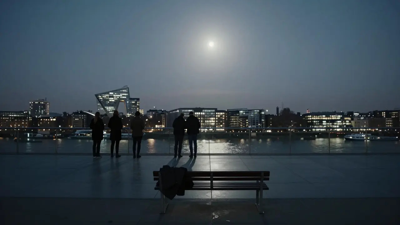 Silhouettes overlooking London's Thames at midnight from Sky Garden.