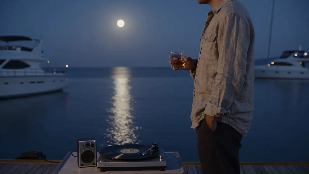 Solitary figure by a yacht dock at midnight, moonlight on water, vintage record player nearby.