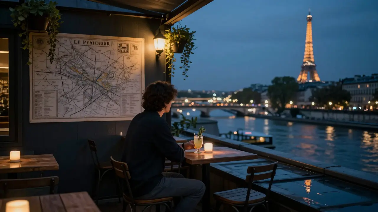 Solo figure at a rooftop bar overlooking the Seine at 2 a.m.