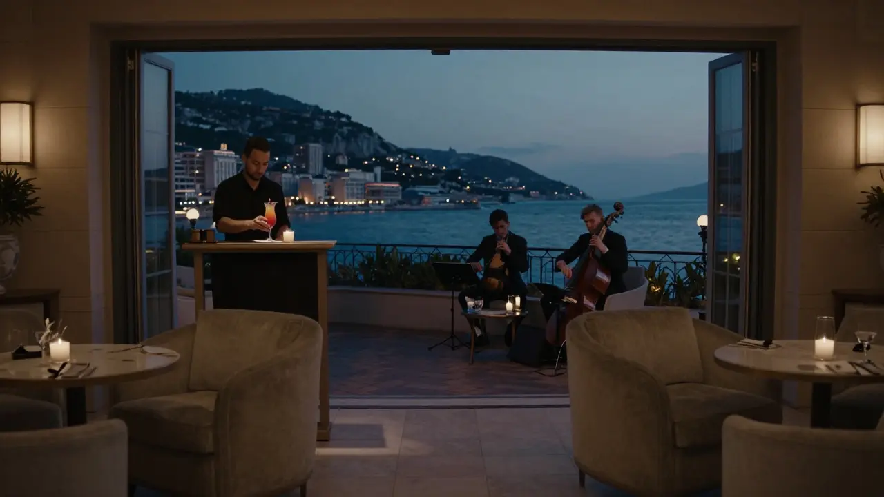 Sophisticated lounge with jazz musicians and soft lighting overlooking the Mediterranean Sea.