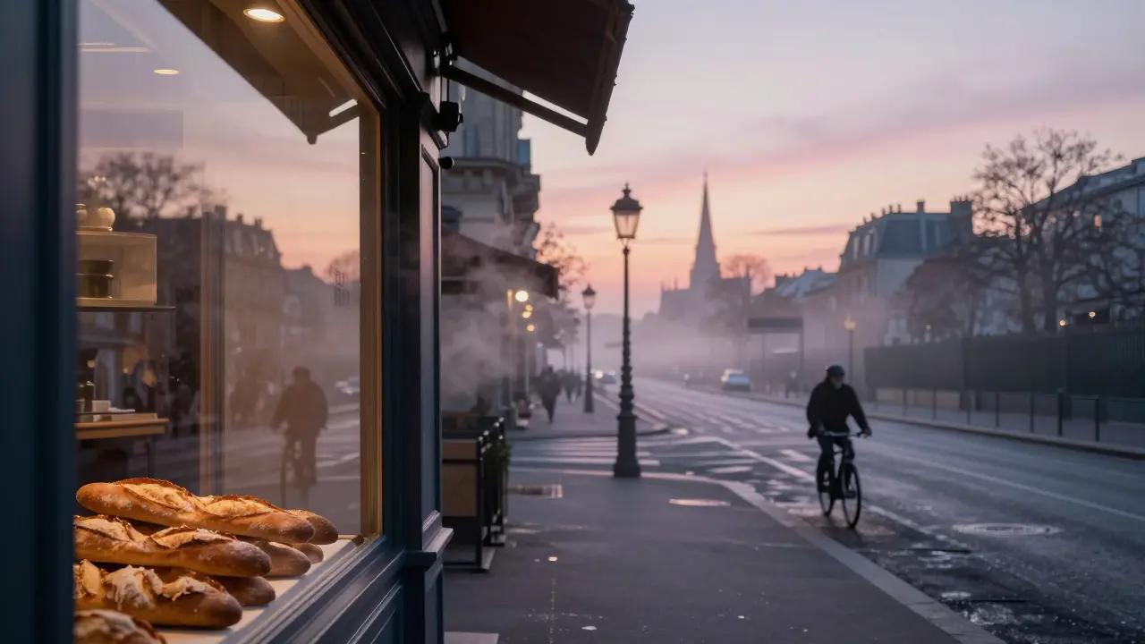 Sunrise over Paris at dawn, fresh bread in a bakery window, empty streets glistening with morning dew.