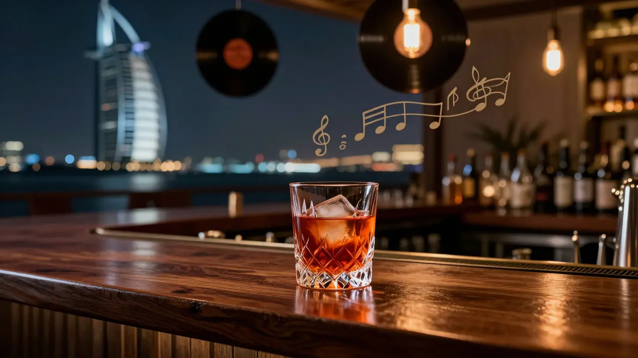 The Observatory bar with Negroni cocktail, vinyl records floating, and Dubai Creek lights in background.