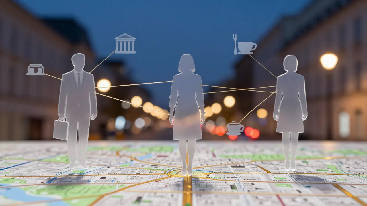 Three individuals connected by golden threads to a companion figure above a Berlin map, symbolizing emotional support.