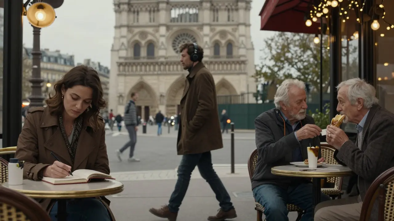 Three quiet scenes of solitude and connection in Paris: journaling, listening to music, sharing food.
