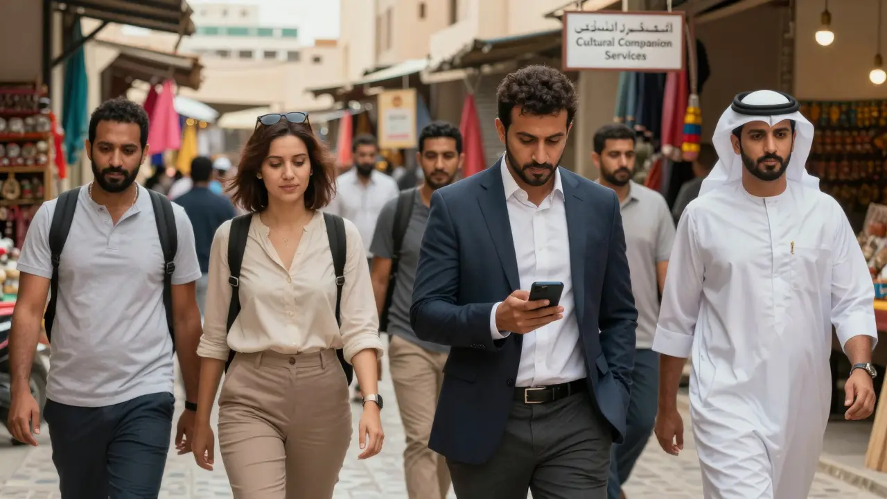 Travelers walking through Abu Dhabi&#039;s souks, one checking a phone with discreet companion service sign in background.