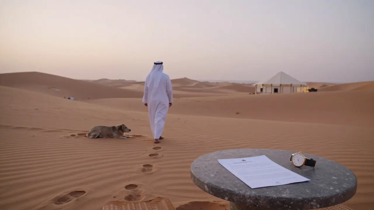 Two figures walk silently through a desert dawn, symbolizing trust and boundaries in companionship.