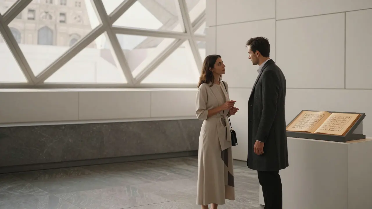 Two individuals engaged in thoughtful discussion near an exhibit at Louvre Abu Dhabi.