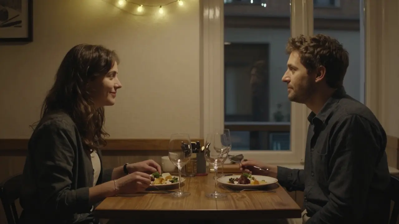 Two people enjoy a calm dinner in a Kreuzberg restaurant, relaxed and engaged in quiet conversation.