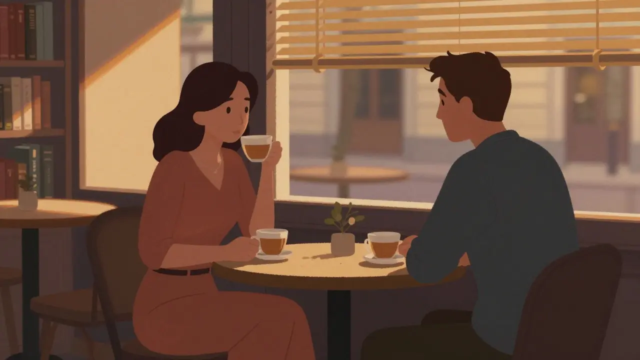 Two people having a quiet conversation in a cozy Berlin café during twilight.