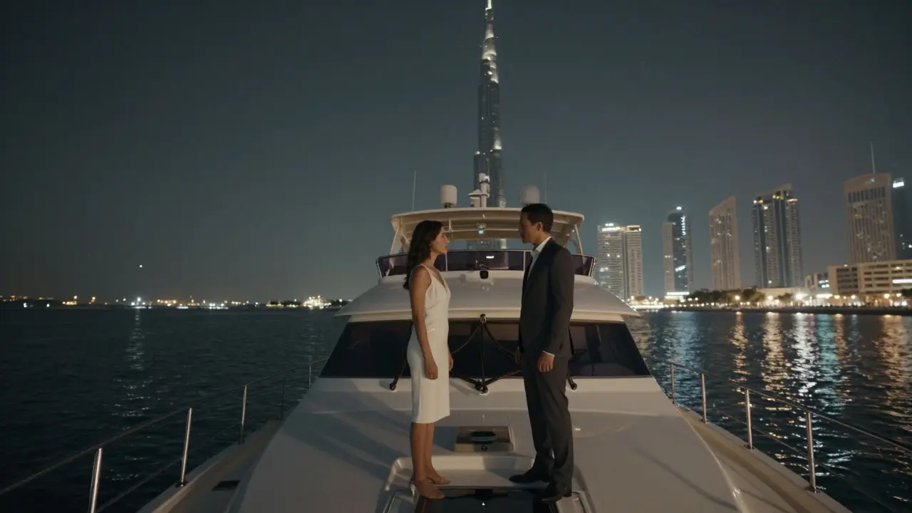Two people on a private yacht at midnight, sailing past Dubai&#039;s illuminated marina under starry skies.