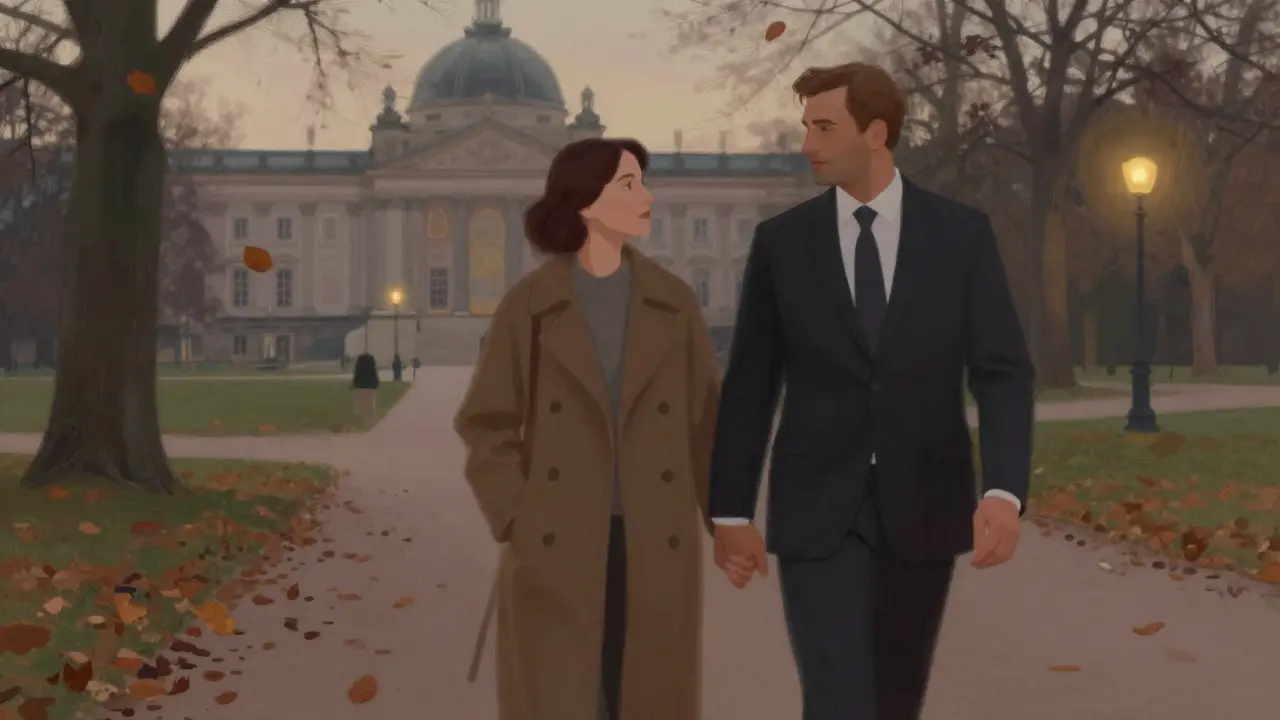 Two people walking peacefully through Tiergarten park at dusk, autumn leaves falling around them.