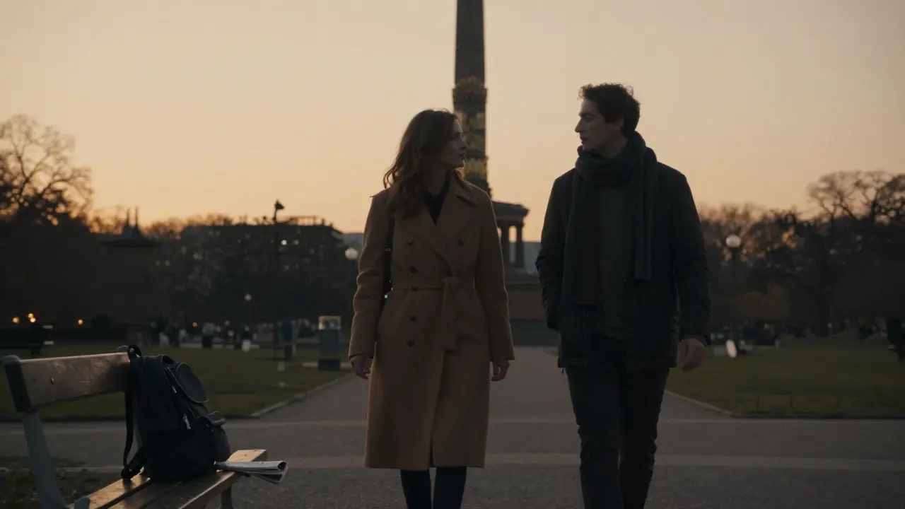 Two people walking peacefully through Tiergarten park at sunset, sharing quiet companionship.