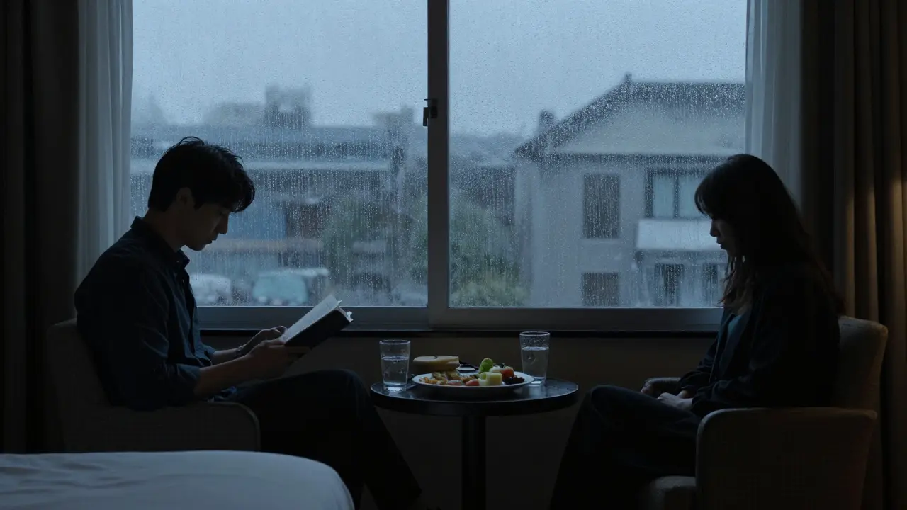 Two silhouettes in a hotel room, not touching, sharing a quiet moment with dinner untouched and rain on the window.